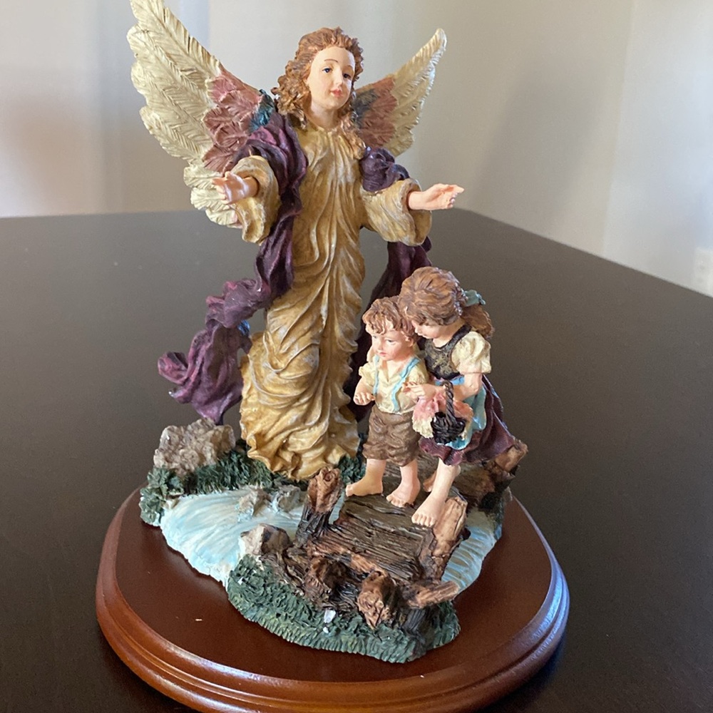 My Guardian Angel Figurine - Angel Watching Over Two Children Crossing a Bridge